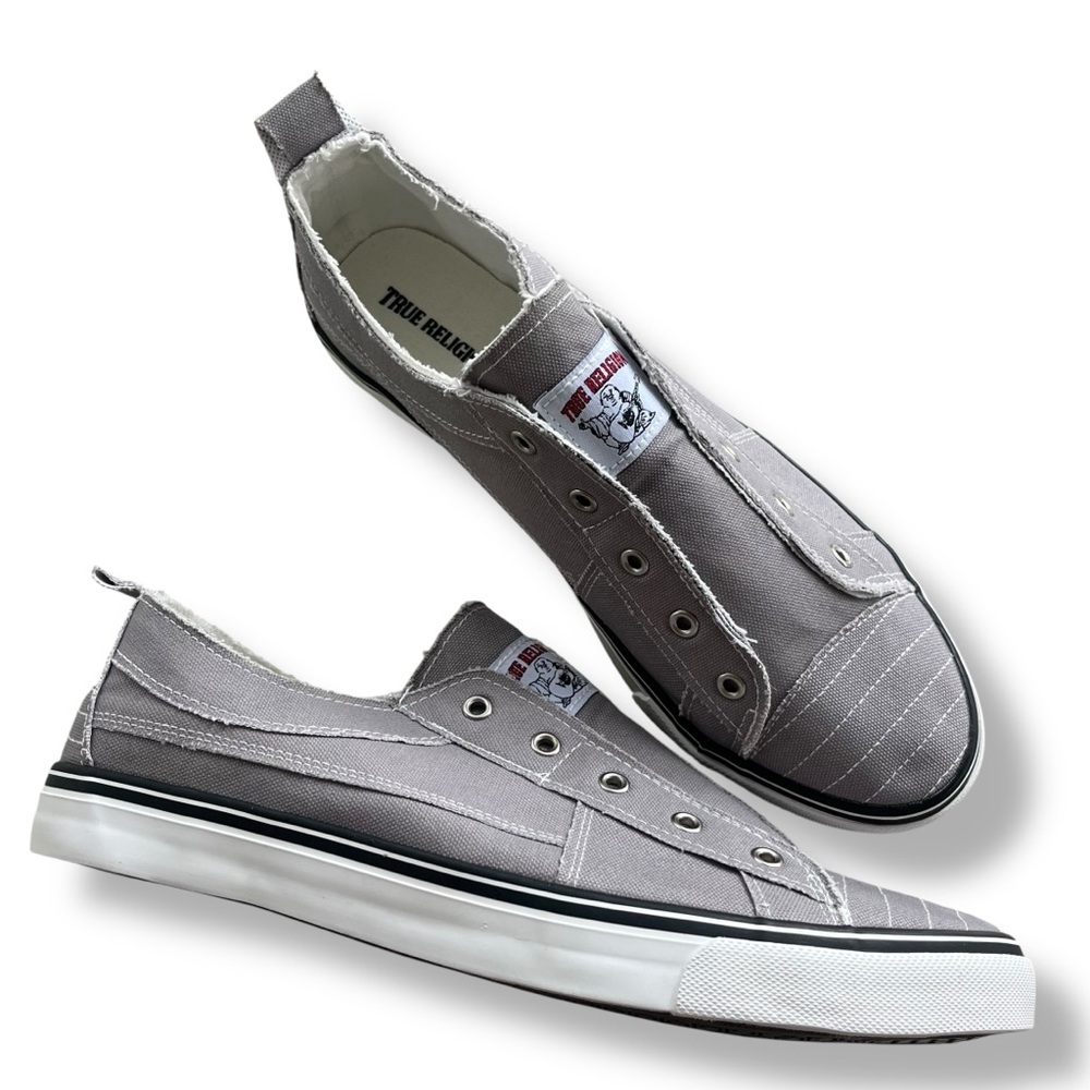 True Religion Men’s Size 13 Gray & White Brodhi Laceless Canvas Slip On Sneakers